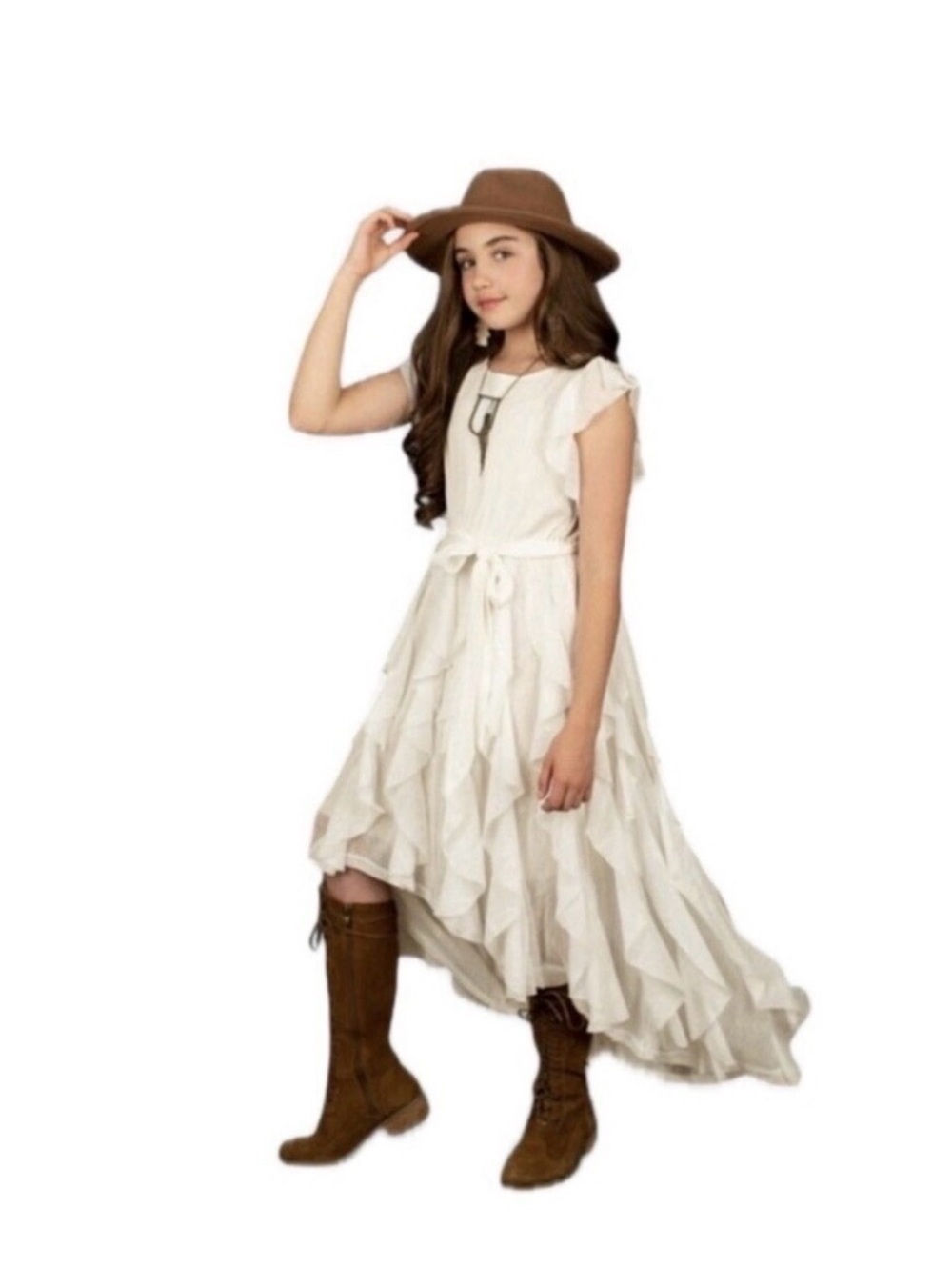Joyfolie Cream Ruffled High-Low Dress with Tie Waist